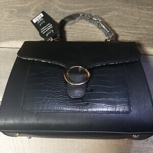 K. Carroll Purse Black Faux Leather Croc Panels Short Handle w Cross, New w Tags